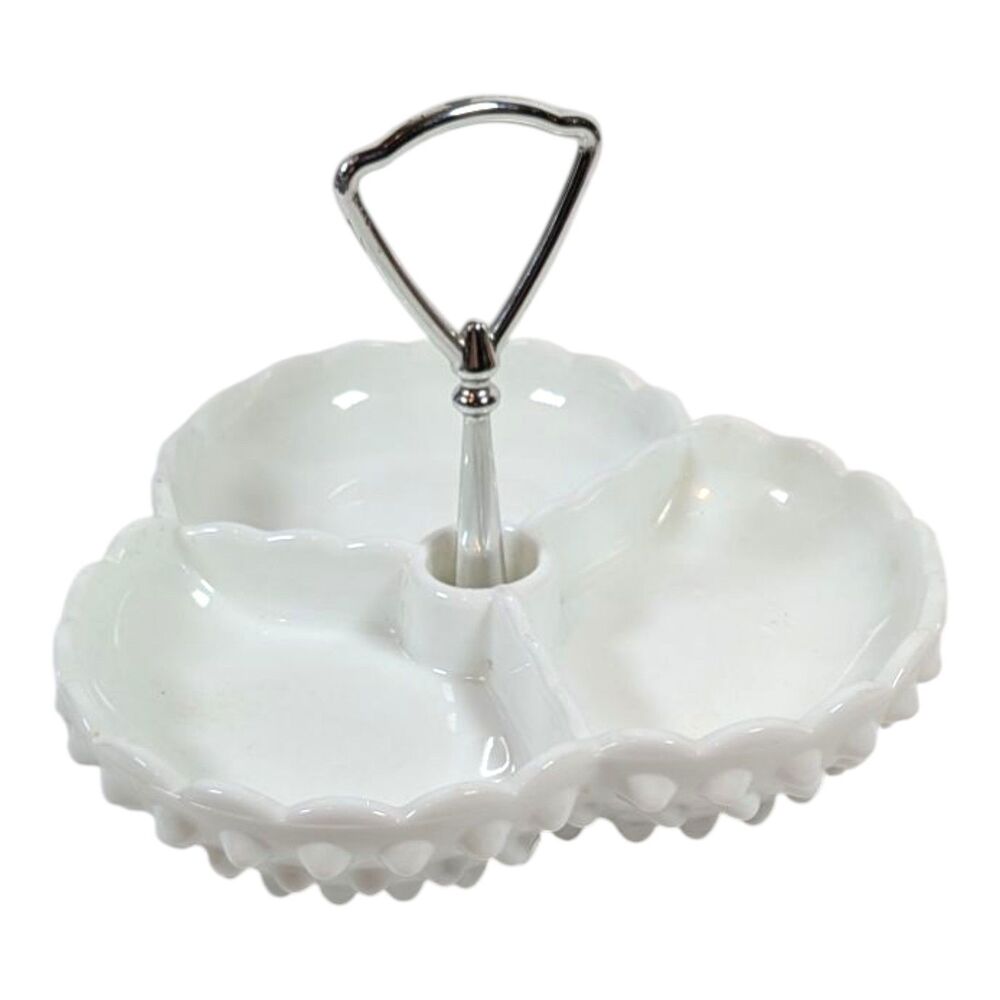 Vintage Fenton Hobnail Milk Glass Divided Dish Tidbit Tray Handle MCM